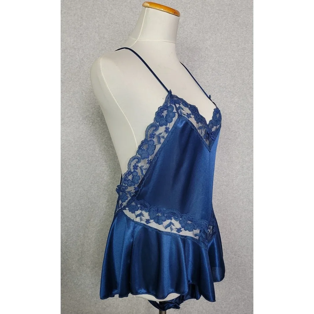 Petra Fashion Royal Blue Satin Lace Teddy Romper Open Back Large Made in USA